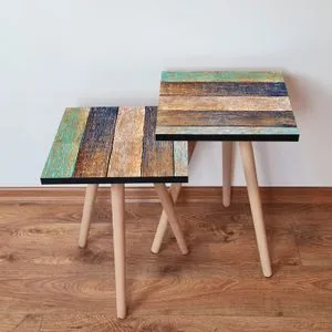 2Shp115 - Set od 2 Nesting Stola u Zelenoj, Tamno Plavoj, Braon i Bež Boji