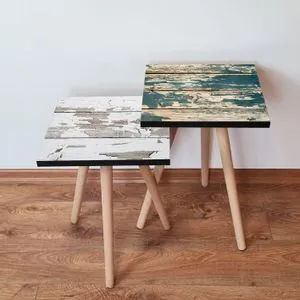 2Shp462 - Set od 2 Nesting Stolova u Beloj, Sivoj, Zelenoj i Kamel Boji