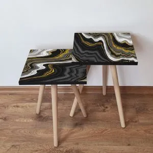 2Shp74 - Set od 2 Nesting Stolova u Beloj, Crnoj i Zlatnoj Boji