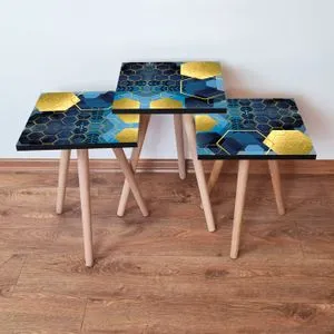 3Shp160 - Plavi zlatni set stolića (3 komada)