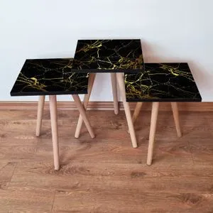 3Shp184 - Crni i Zlatni Set Stolića (3 komada)