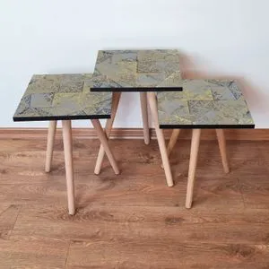 3Shp225 - Sivi, Zlatni i Bež Nesting Sto (3 Komada)