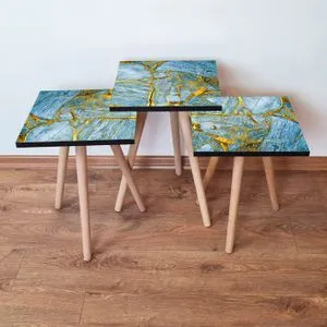 3Shp235 - Plavi Plavi Zlatni Nesting Sto (3 Komada)