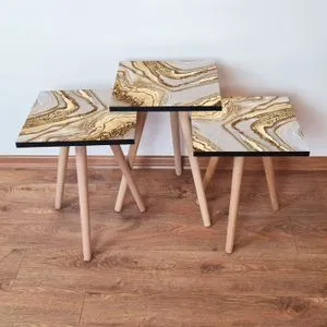 3Shp263 - Bež, Braon i Zlatna Nesting Sto (3 Komada)