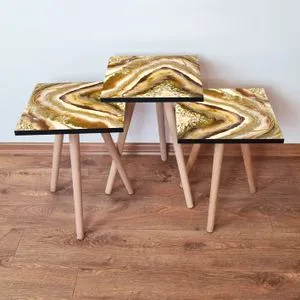 3Shp295 - Set Stolića za Kafu (3 Komada) u Bež i Zlatnoj Boji