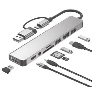 A-CM-COMBO8-06 ** Gembird USB-A + USB-C multi-port 8-in-1 USB3.0+USB2.0+SD+3.5mm+Data (759)