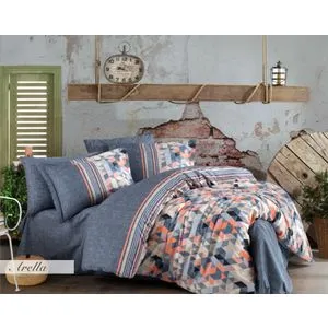 Arella - Orange OrangeDark BlueYellow Poplin Double Quilt Cover Set