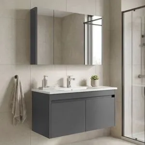 Arno 100 - 763 Grey Bathroom Cabinet With Sink &amp; Mirror Set (2 Pieces)
