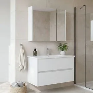 Arno 85 - 786 White Bathroom Cabinet With Sink &amp; Mirror Set (2 Pieces)