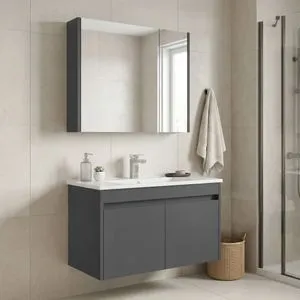 Arno 85 - 787 Grey Bathroom Cabinet With Sink &amp; Mirror Set (2 Pieces)