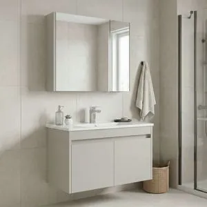 Arno 85 - 788 Cashmere Bathroom Cabinet With Sink &amp; Mirror Set (2 Pieces)