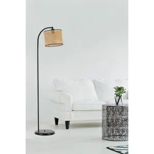 Azra Siyah Silindir Rattan Abajurlu Lambader Black Floor Lamp