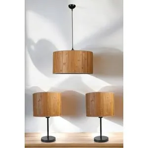 Bambu 01 Abajur Avize 3 Lü Set - Drveni Crni Luster i Stočna Lampa