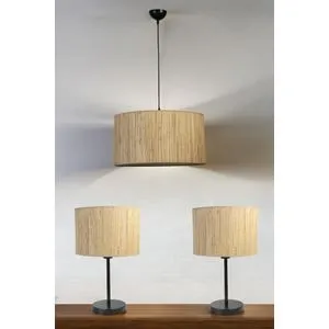 Bambu 010 Abajur Avize 3 Lü Set Cream Chandelier & Table Lamp Set