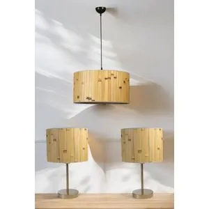 Bambu 02 Abajur Avize 3 Lü Set - Drveni Crni Luster i Stočna Lampa