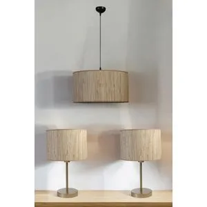 Bambu 09 Abajur Avize 3 Lü Set Cream Chandelier & Table Lamp Set