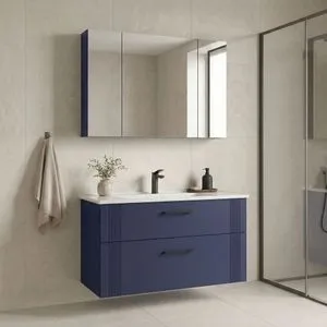 Bari 100 v2 - 252 Matte Navy Blue Bathroom Cabinet With Sink &amp; Mirror Set (2 Pieces)