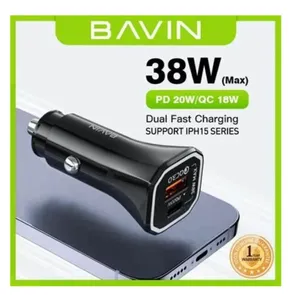 Bavin auto punjač max 38W PD20W+ QC3.0 USB-A + USB-C crna