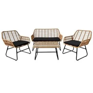 Chomik Baštenski set nameštaja, sofa, dve stolice i stočić, braon ratan sa crnim jastucima