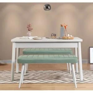 Costa 0400 - Bela i Zelena Trpezarijska Stolna i Klupa Set (3 Komada)