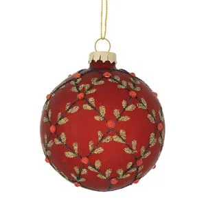 Crvena staklena kugla sa listićima  D.8CM