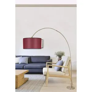 Deve Boynu Mat Krom Lambader Silindir Hasır Bordo Abajurlu Claret Red Floor Lamp