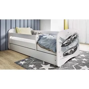 Drveni Dečiji Krevet Auto Sa Fiokom - Beli - 180x80 cm