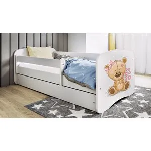 Drveni Dečiji Krevet Meda Sa Cvećem Sa Fiokom - Beli - 160x80Cm