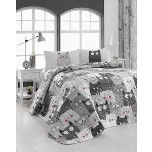 Duvarda Kediler - Sivičasti Pokrivač za Krevet