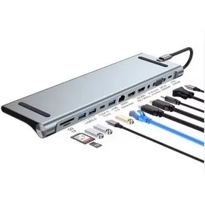 E-GREEN Adapter USB 3.1 tip C (M) - 2 x HDMI + VGA + 3 x USB 3.0 + 2 x tip C + RJ45 (F) + SD/TF +...