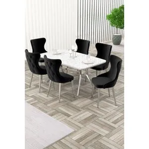 Esla - White Marble, Chrome, Black BEYAZ MERMER KROM
SİYAH Extendable Dining Table &amp; Chairs Set (7 Pieces)