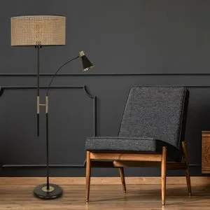 Forza Siyah Lambader Silindir Rattan Abajurlu Wicker Floor Lamp