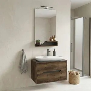 Galia 80 v2 - 528 Walnut Bathroom Cabinet With Sink &amp; Mirror Set (2 Pieces)