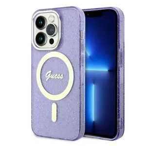 GUESS Futrola za iPhone 14 Pro IML GLITTER PEONY GOLD PURPLE MagSafe