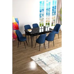 Han - Black Marble, Navy Blue Black Marble
Navy Blue Extendable Dining Table & Chairs Set (7 Pieces)
