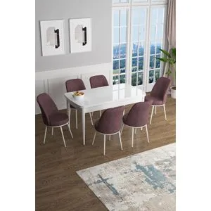 Hanah Home trpezarijski set Han, sto na razvlačenje i 6 stolica, bela / puder roze