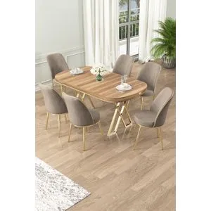 Hanah Home trpezarijski set Lai, sto i 6 stolica, Light Walnut / zlatna / kapućino