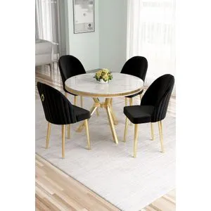 Hanah Home trpezarijski set Mos, sto i 4 stolice, beli mermer / zlatna / crna