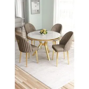 Hanah Home trpezarijski set Mos, sto i 4 stolice, beli mermer / zlatna / kapućino