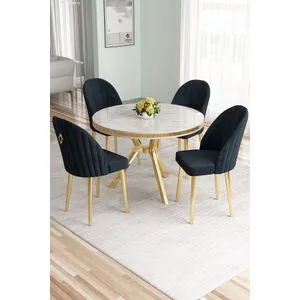 Hanah Home trpezarijski set Mos, sto i 4 stolice, beli mermer / zlatna / antracit
