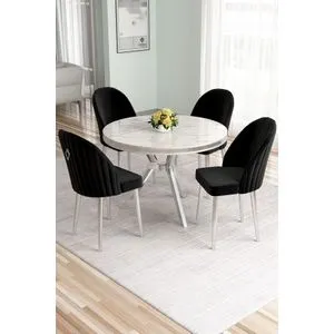 Hanah Home trpezarijski set Mos, sto i 4 stolice, beli mermer / hrom / crna
