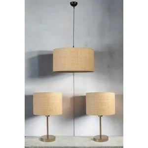 Hasır Rattan Abajur Avize 3 Lü Set Cream