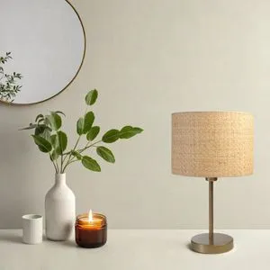 Hasır Rattan Abajurlu Masa Lambası Eskitme Gold