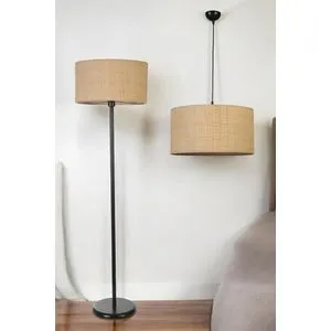 Hasır Rattan Avize Lambader 2 Li Set Beige Chandelier & Floor Lamp Set