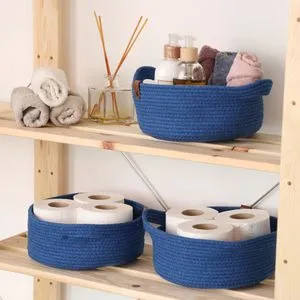 JUT05003202D Blue Cotton Basket Set (3 Pieces)