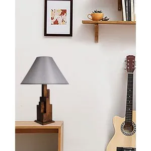 Kule Ceviz Ahšap Masa Lambası Pramit Hasır Gri Abajurlu