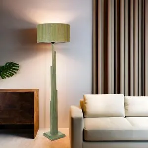 Kule Yeşil Lambader Silidir Bambu 03 Abajurlu