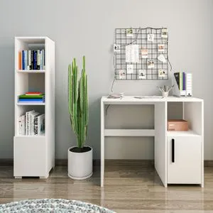 Kuzey Set - White White Study Desk & Bookshelf