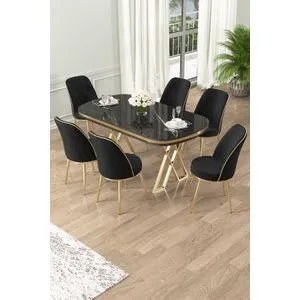 Lai - Black Marble, Gold, Black Black Marble
Gold
Black Dining Table & Chairs Set (7 Pieces)