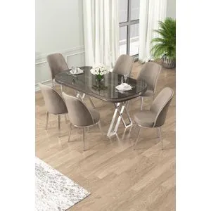 Lai - Set Trpezarijskog Stola i Stolica (7 Delova) - Antracit, Hrom, Kapučino